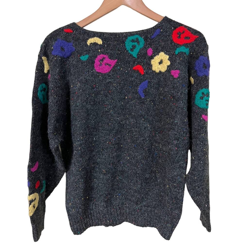 Vintage Sweater Womens Medium Wool Floral Embroidery 90s Y2K Gray Preppy Spargo